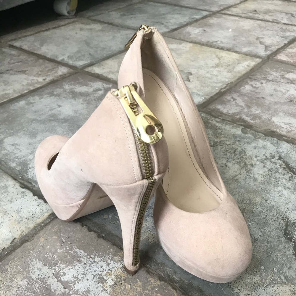 Nude suede heels with gold zipper detail